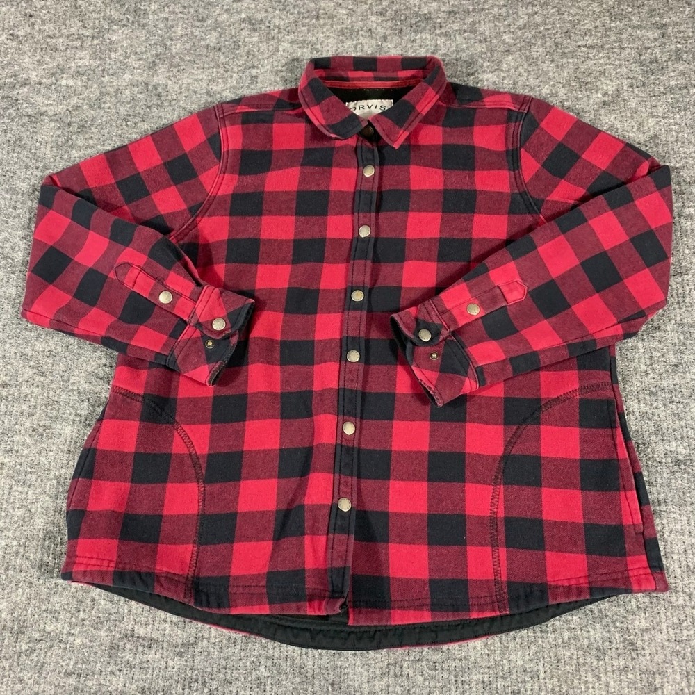 Orvis Shirt Jacket Mens XL Red Buffalo Plaid Fleece Lined Flannel Snap Front